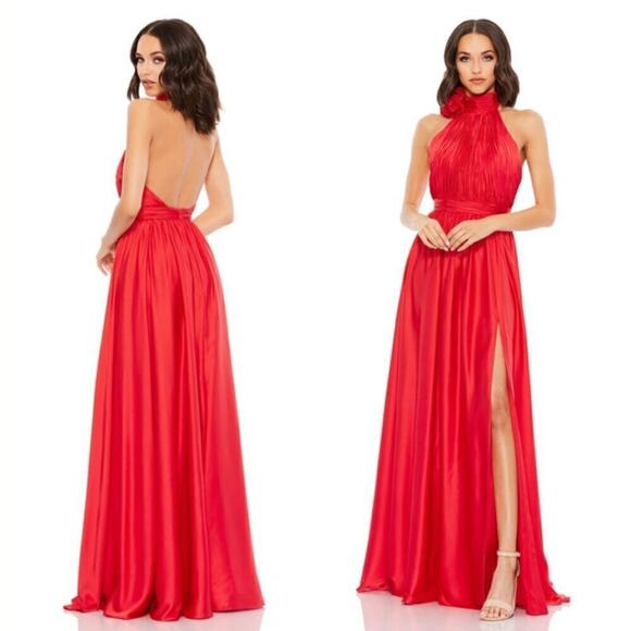 Mac Duggal Cherry Red Rosette Halter Chiffon Evening Gown 14 - Picture 1 of 12